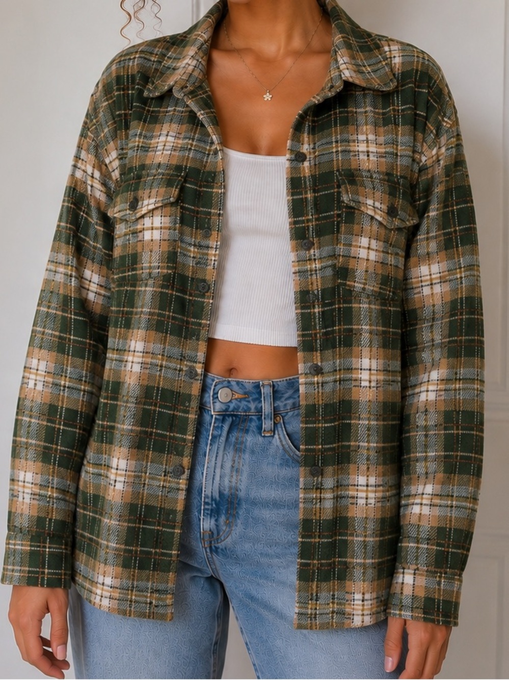 dip Green and Brown Plaid Button-Down Shirt